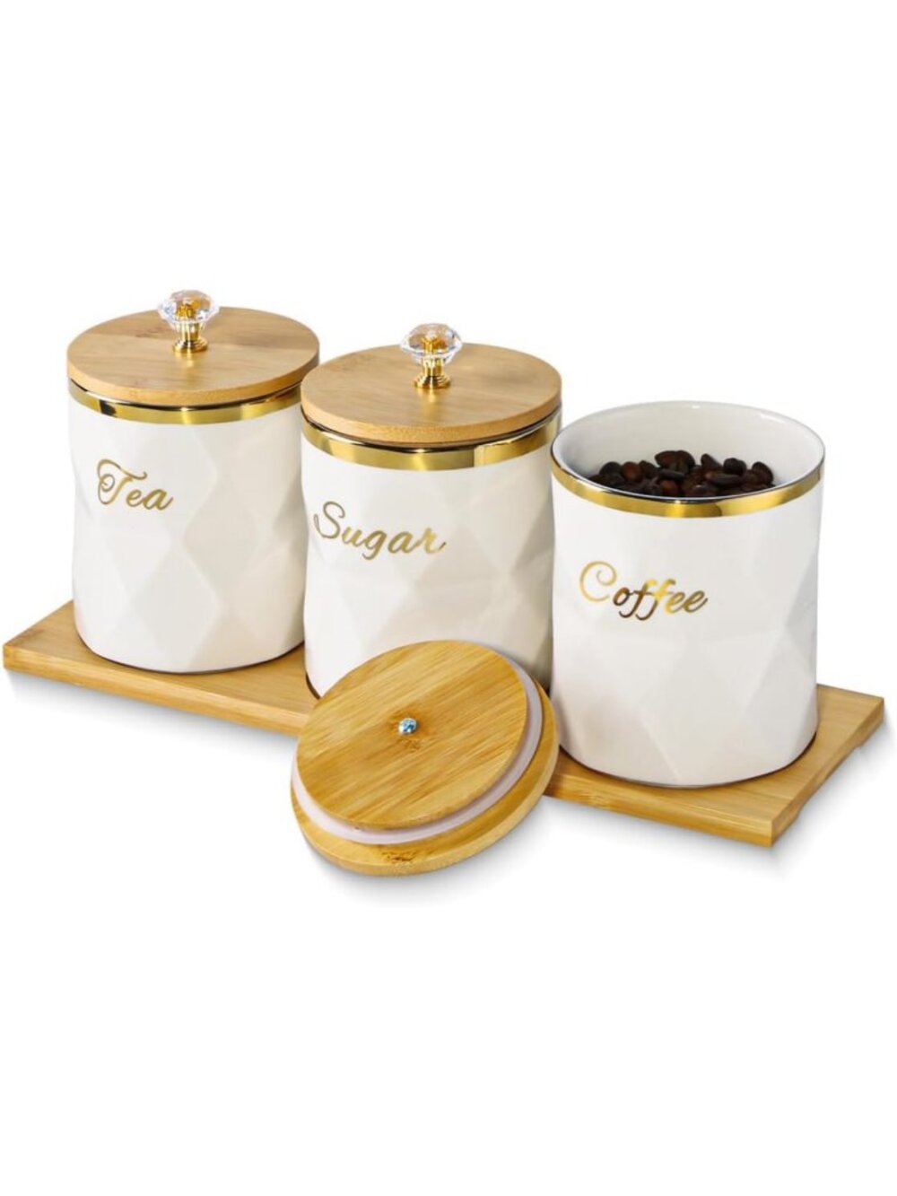 Set of 3 White Ceramic Canisters with Bamboo Lids - Airtight Storage for Coffee